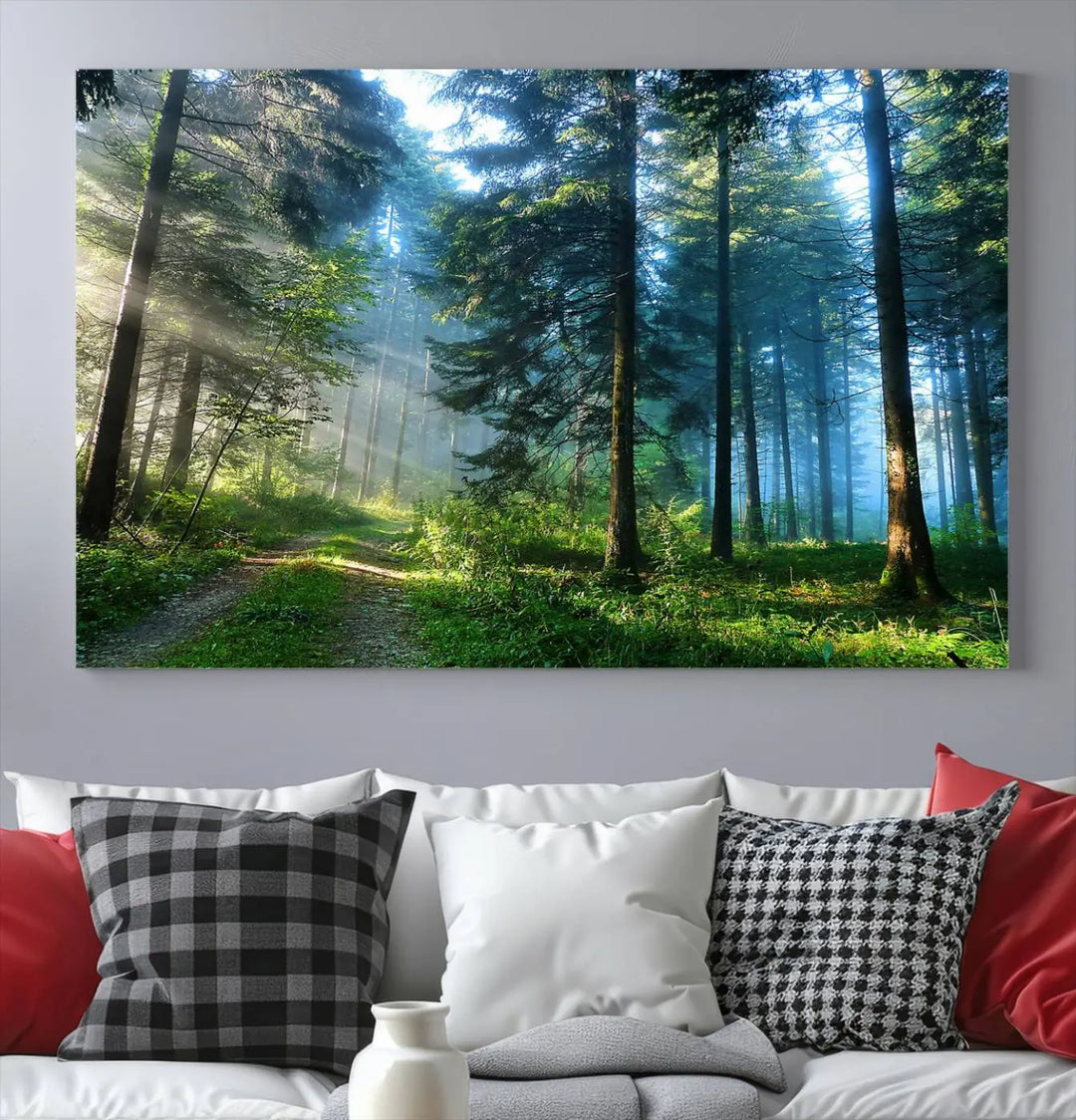 The Forest Sun Shine Wall Art Canvas Print adorns the wall, its gallery-wrapped design adding elegance.