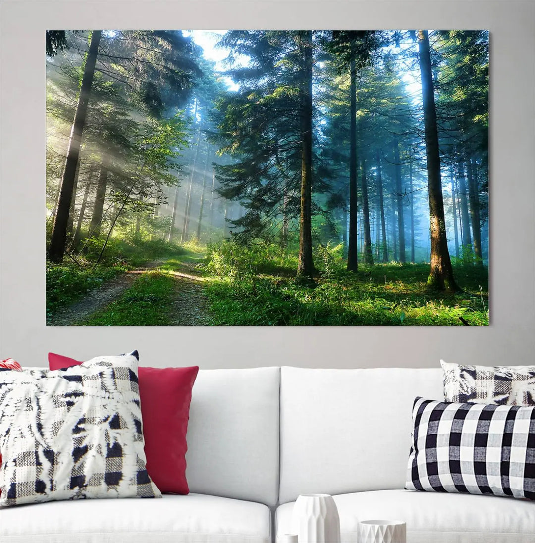 The Forest Sun Shine Wall Art Canvas Print adorns the wall, its gallery-wrapped design adding elegance.