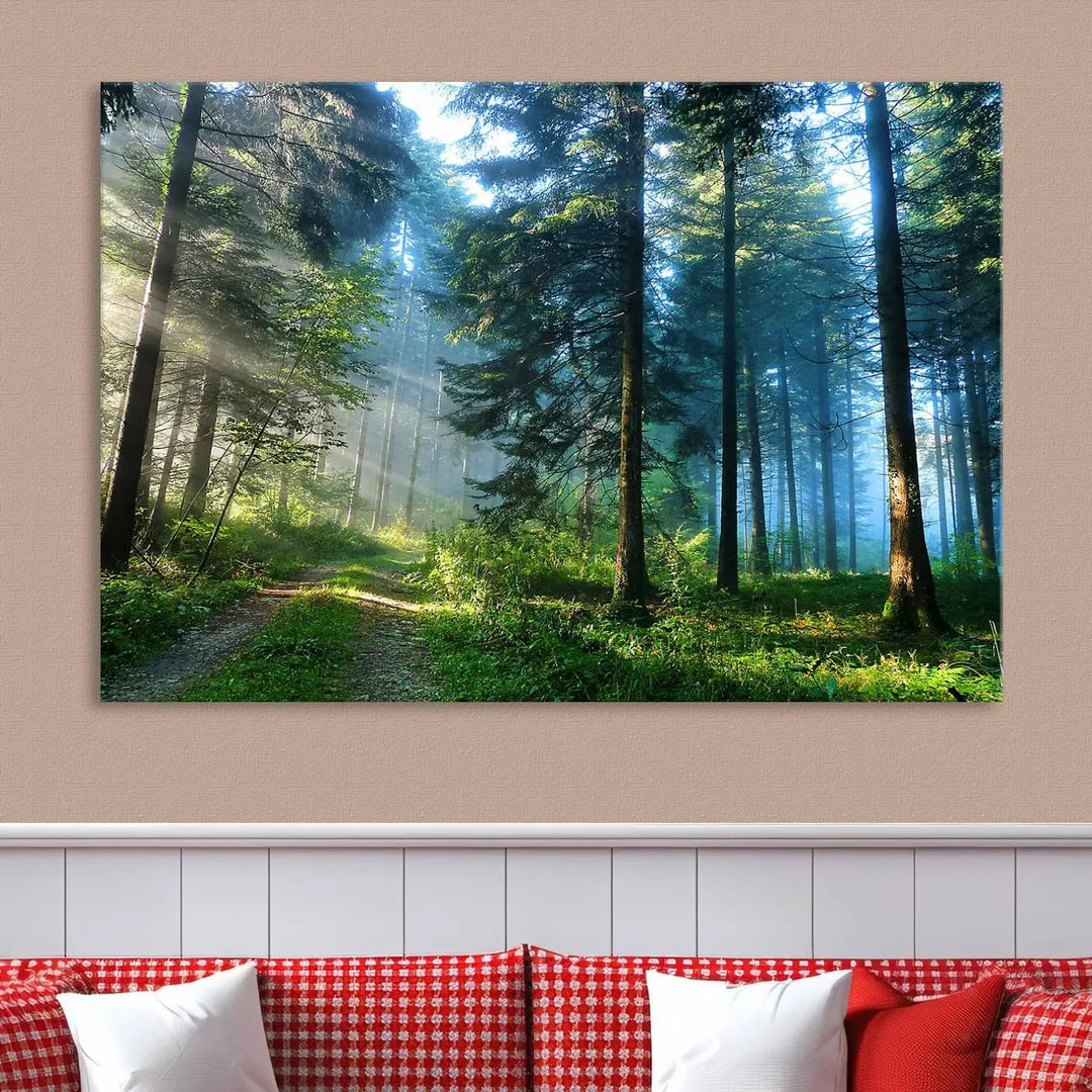 The Forest Sun Shine Wall Art Canvas Print adorns the wall, its gallery-wrapped design adding elegance.