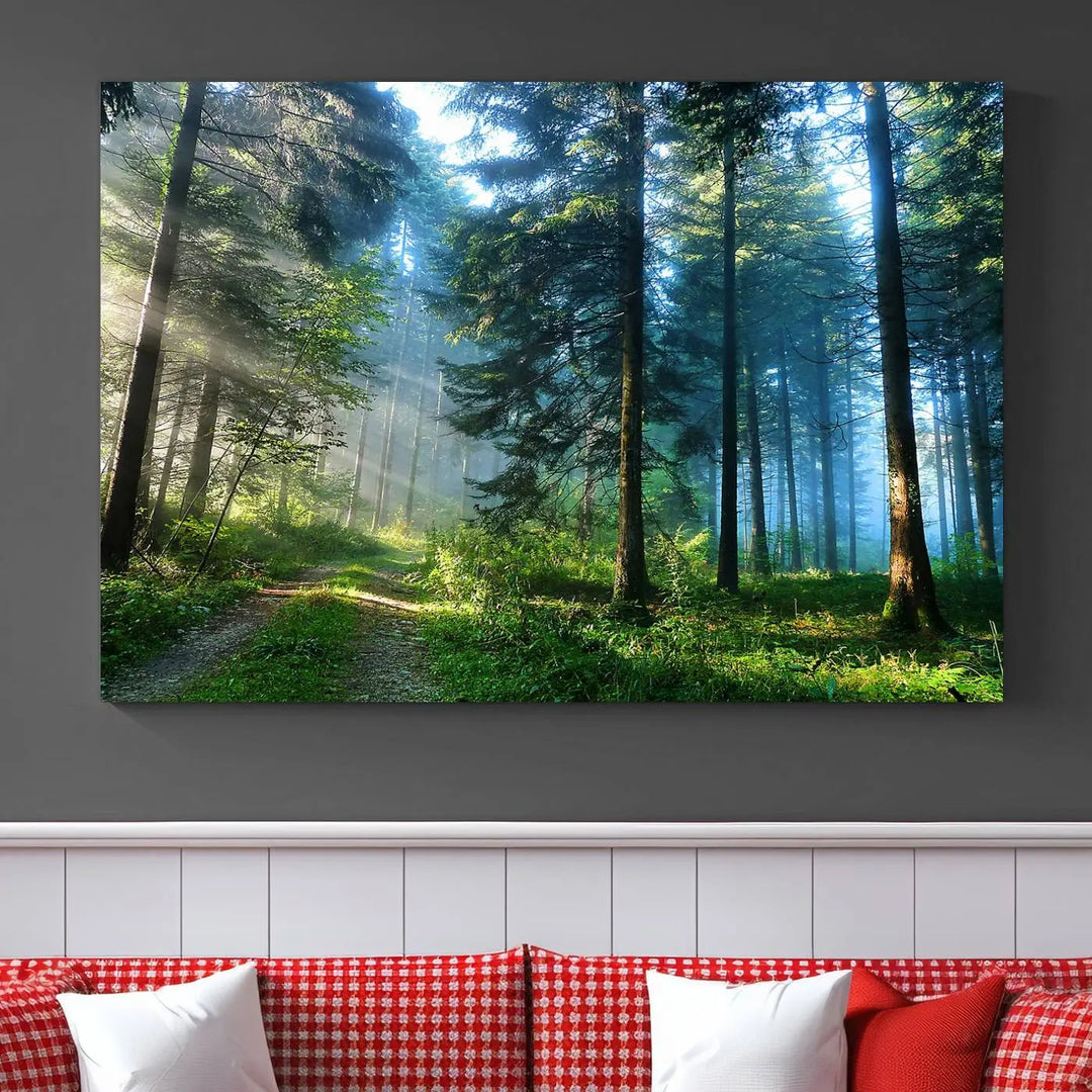 The Forest Sun Shine Wall Art Canvas Print adorns the wall, its gallery-wrapped design adding elegance.