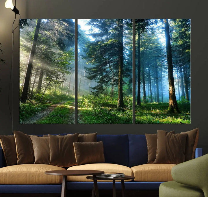 The Forest Sun Shine Wall Art Canvas Print adorns the wall, its gallery-wrapped design adding elegance.