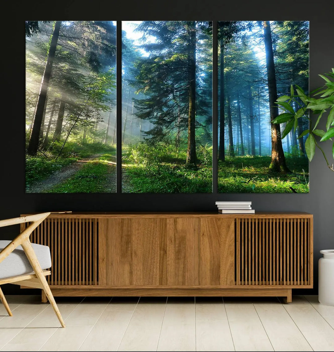 The Forest Sun Shine Wall Art Canvas Print adorns the wall, its gallery-wrapped design adding elegance.