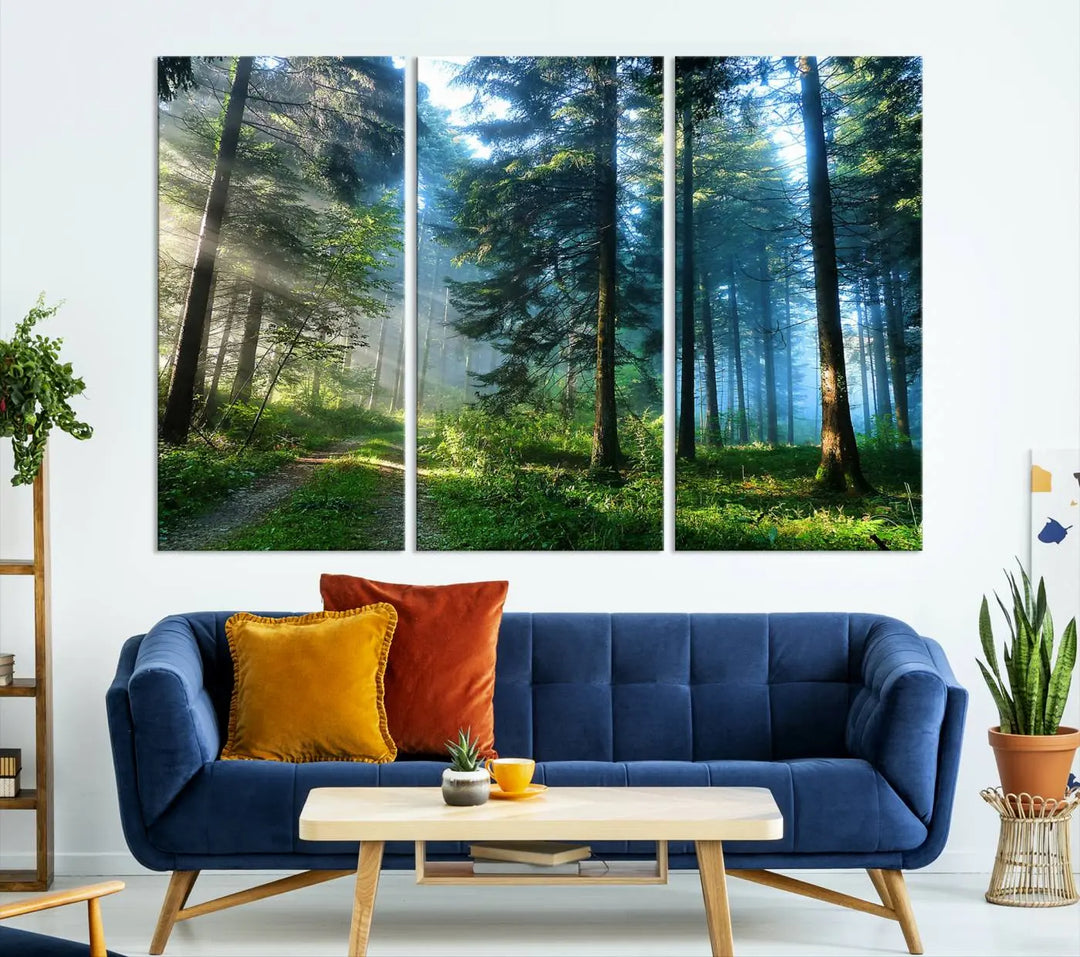 The Forest Sun Shine Wall Art Canvas Print adorns the wall, its gallery-wrapped design adding elegance.