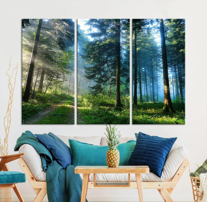 The Forest Sun Shine Wall Art Canvas Print adorns the wall, its gallery-wrapped design adding elegance.