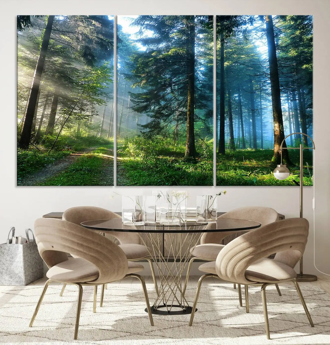 The Forest Sun Shine Wall Art Canvas Print adorns the wall, its gallery-wrapped design adding elegance.