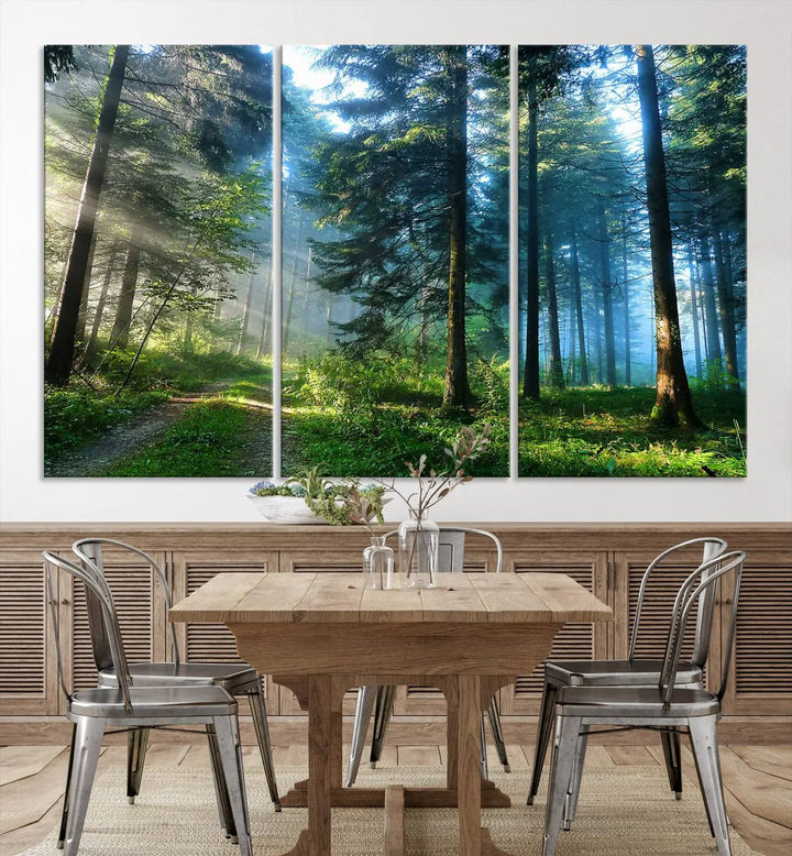 The Forest Sun Shine Wall Art Canvas Print adorns the wall, its gallery-wrapped design adding elegance.