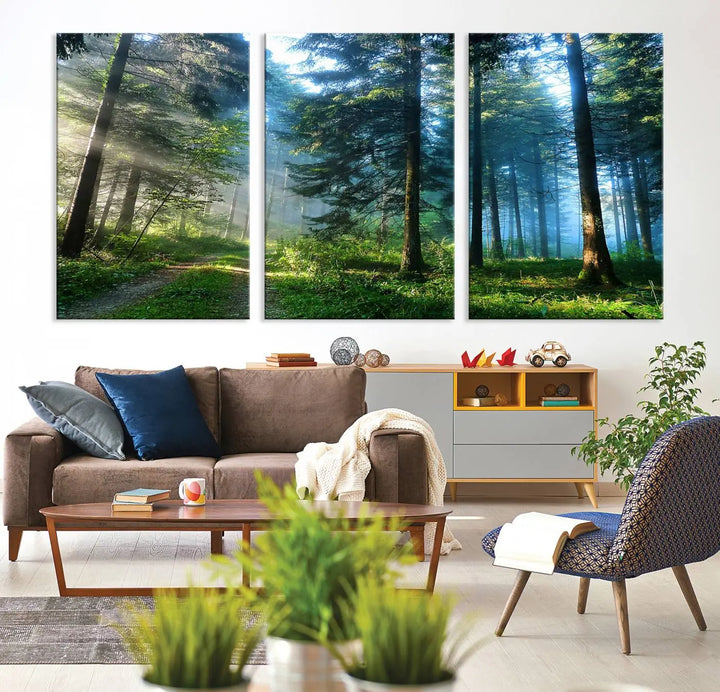 The Forest Sun Shine Wall Art Canvas Print adorns the wall, its gallery-wrapped design adding elegance.