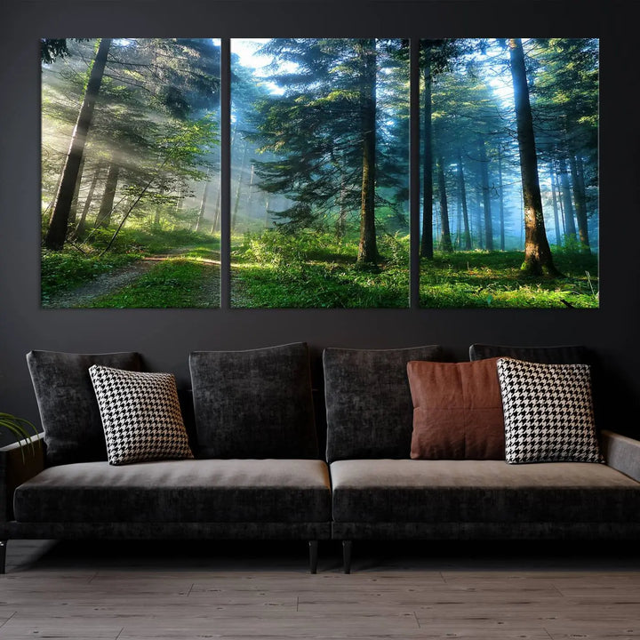 The Forest Sun Shine Wall Art Canvas Print adorns the wall, its gallery-wrapped design adding elegance.