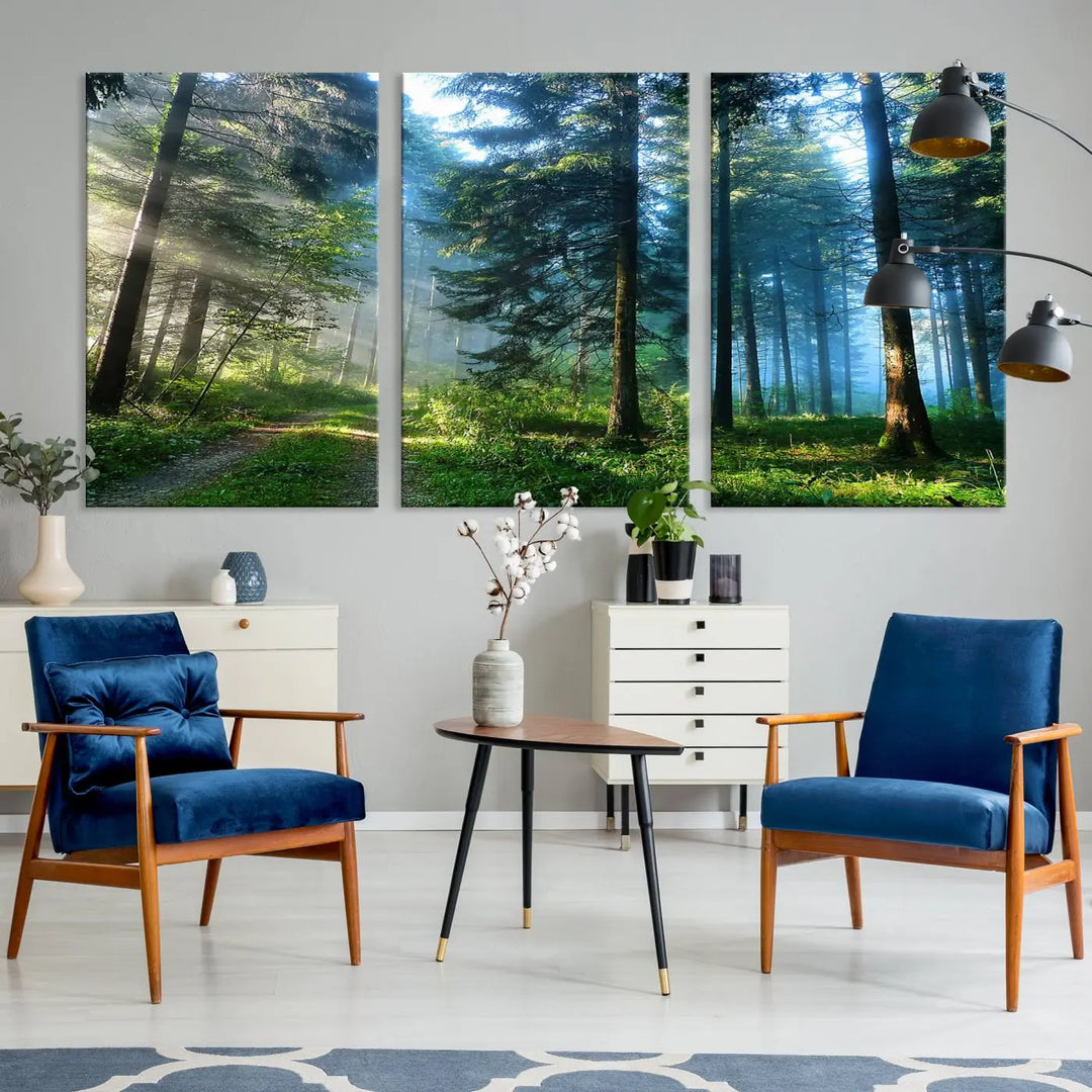 The Forest Sun Shine Wall Art Canvas Print adorns the wall, its gallery-wrapped design adding elegance.