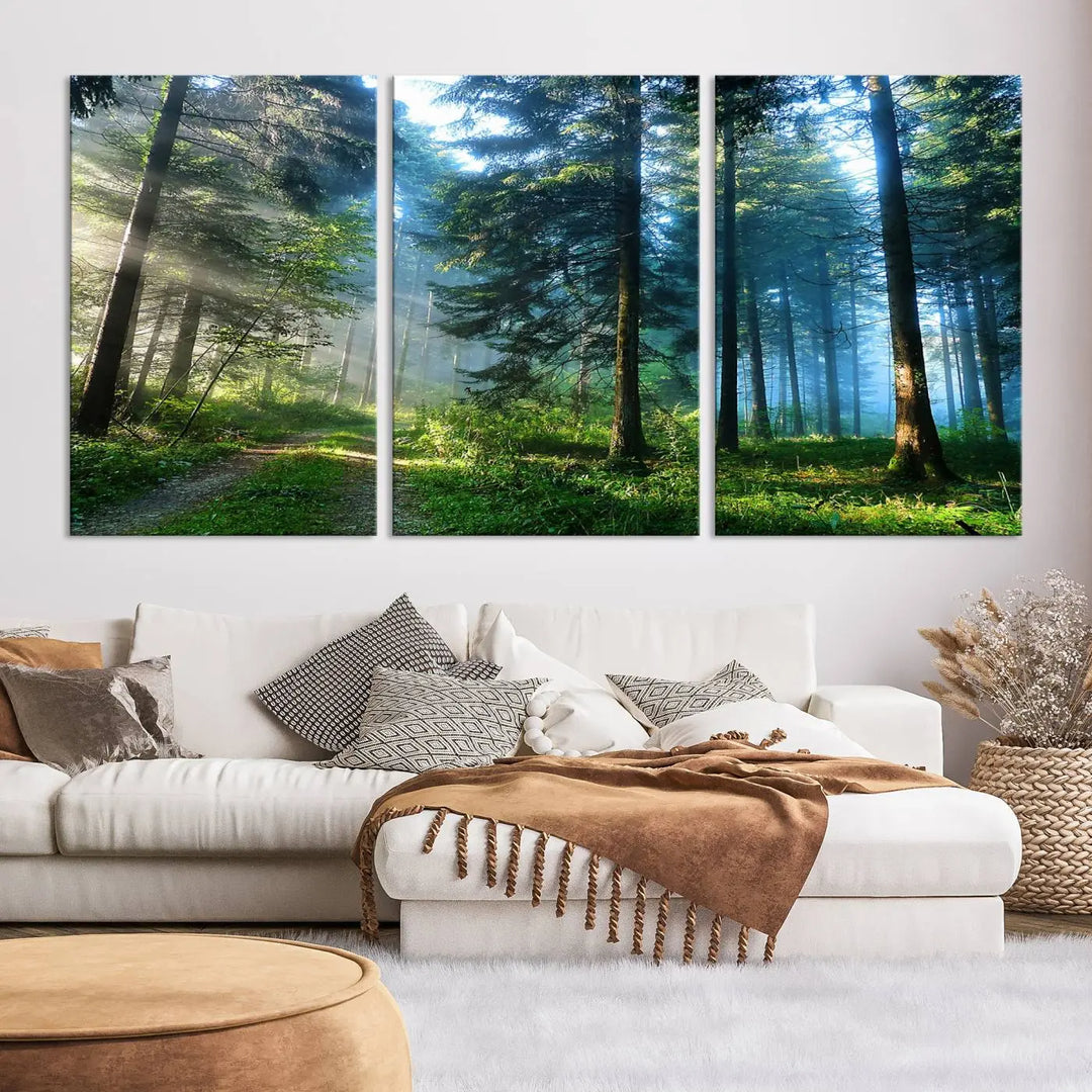 The Forest Sun Shine Wall Art Canvas Print adorns the wall, its gallery-wrapped design adding elegance.