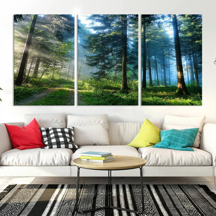 The Forest Sun Shine Wall Art Canvas Print adorns the wall, its gallery-wrapped design adding elegance.