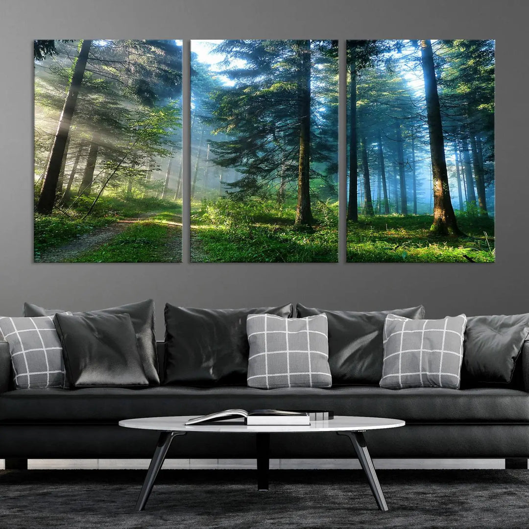 The Forest Sun Shine Wall Art Canvas Print adorns the wall, its gallery-wrapped design adding elegance.