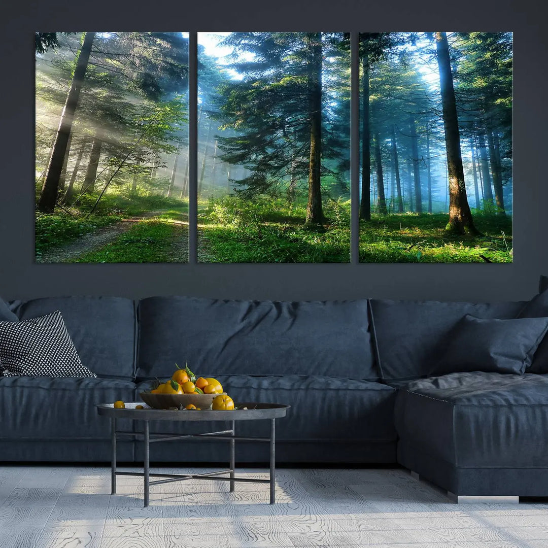 The Forest Sun Shine Wall Art Canvas Print adorns the wall, its gallery-wrapped design adding elegance.