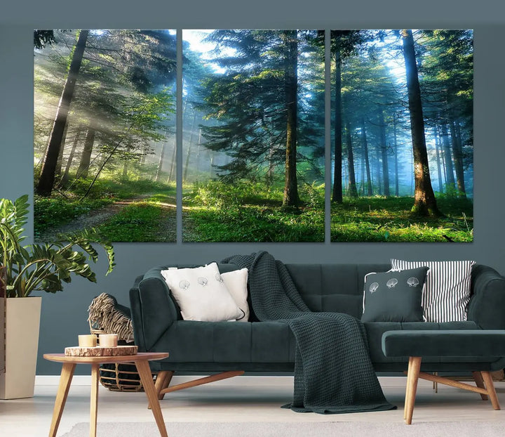 The Forest Sun Shine Wall Art Canvas Print adorns the wall, its gallery-wrapped design adding elegance.