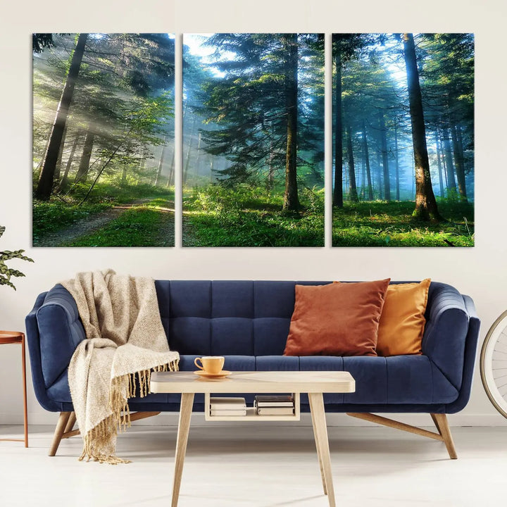 The Forest Sun Shine Wall Art Canvas Print adorns the wall, its gallery-wrapped design adding elegance.