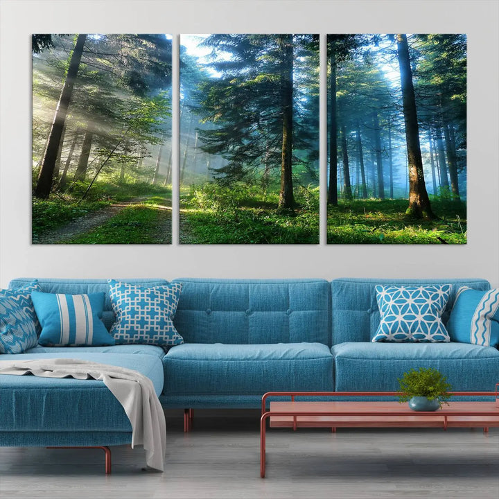 The Forest Sun Shine Wall Art Canvas Print adorns the wall, its gallery-wrapped design adding elegance.