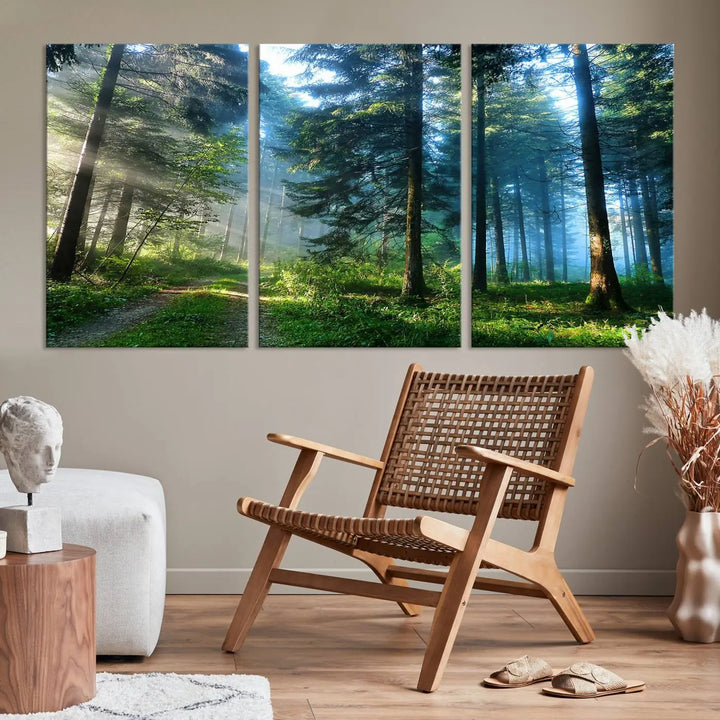 The Forest Sun Shine Wall Art Canvas Print adorns the wall, its gallery-wrapped design adding elegance.