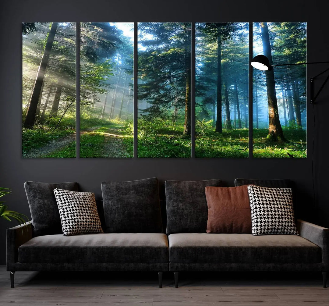 The Forest Sun Shine Wall Art Canvas Print adorns the wall, its gallery-wrapped design adding elegance.