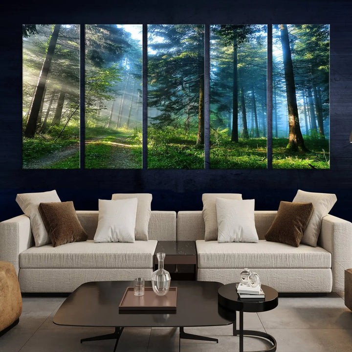 The Forest Sun Shine Wall Art Canvas Print adorns the wall, its gallery-wrapped design adding elegance.