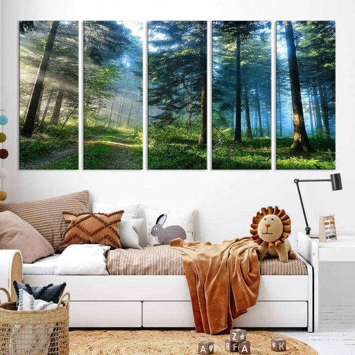 The Forest Sun Shine Wall Art Canvas Print adorns the wall, its gallery-wrapped design adding elegance.