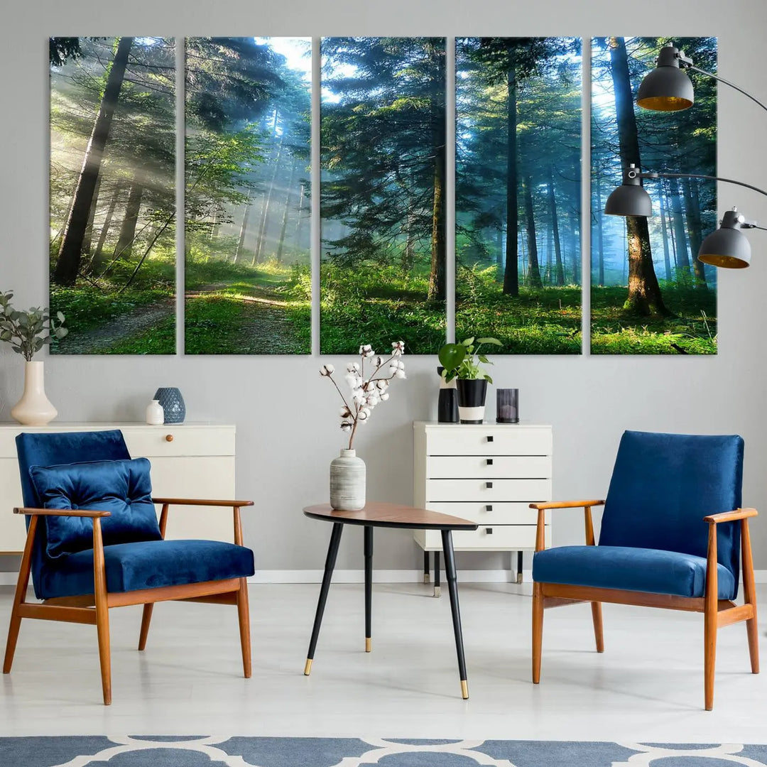 The Forest Sun Shine Wall Art Canvas Print adorns the wall, its gallery-wrapped design adding elegance.