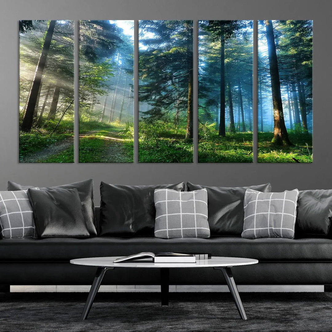 The Forest Sun Shine Wall Art Canvas Print adorns the wall, its gallery-wrapped design adding elegance.