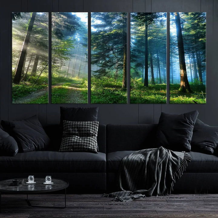 The Forest Sun Shine Wall Art Canvas Print adorns the wall, its gallery-wrapped design adding elegance.