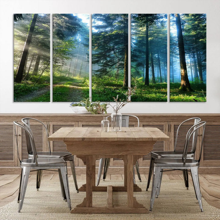 The Forest Sun Shine Wall Art Canvas Print adorns the wall, its gallery-wrapped design adding elegance.