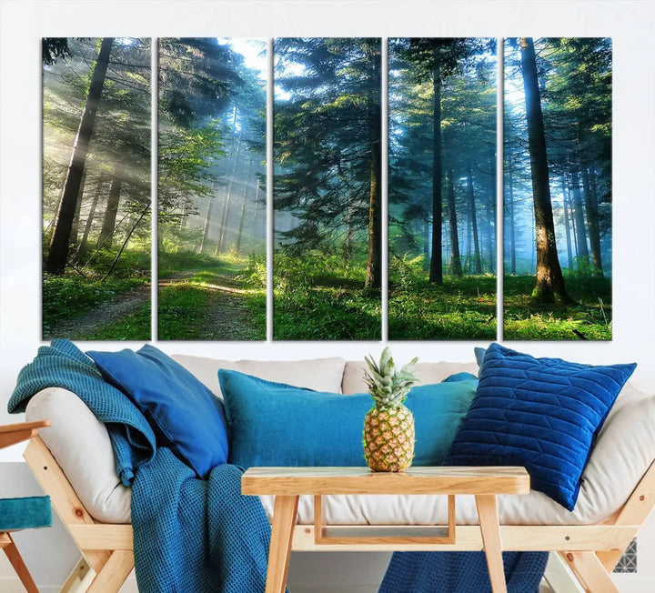 The Forest Sun Shine Wall Art Canvas Print adorns the wall, its gallery-wrapped design adding elegance.