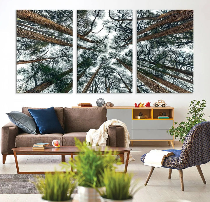 The living room is graced by the Forest Trees Wall Art Canvas Print, a nature-themed triptych made from museum-quality canvases with a UV-protective coating to preserve its vibrant colors, ready to hang.