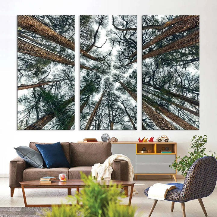 The living room is graced by the Forest Trees Wall Art Canvas Print, a nature-themed triptych made from museum-quality canvases with a UV-protective coating to preserve its vibrant colors, ready to hang.