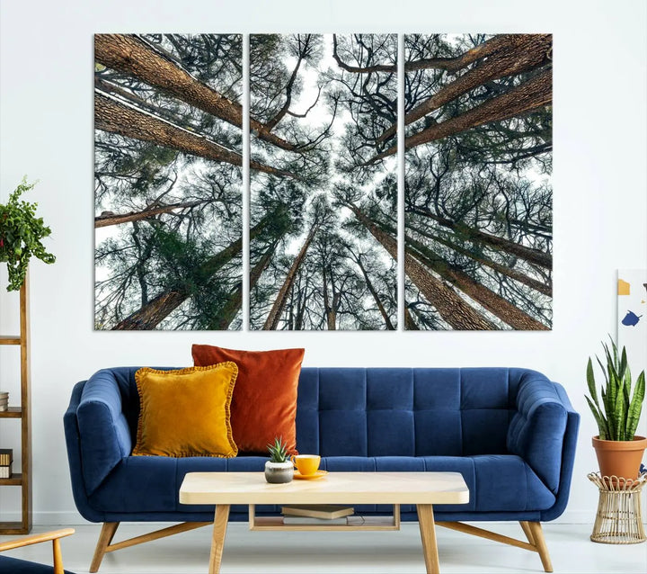 The living room is graced by the Forest Trees Wall Art Canvas Print, a nature-themed triptych made from museum-quality canvases with a UV-protective coating to preserve its vibrant colors, ready to hang.