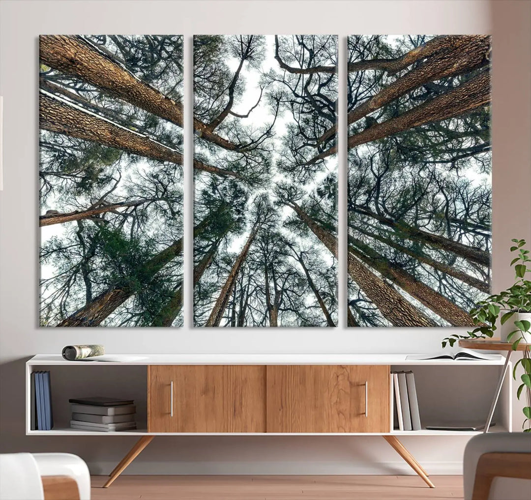 The living room is graced by the Forest Trees Wall Art Canvas Print, a nature-themed triptych made from museum-quality canvases with a UV-protective coating to preserve its vibrant colors, ready to hang.