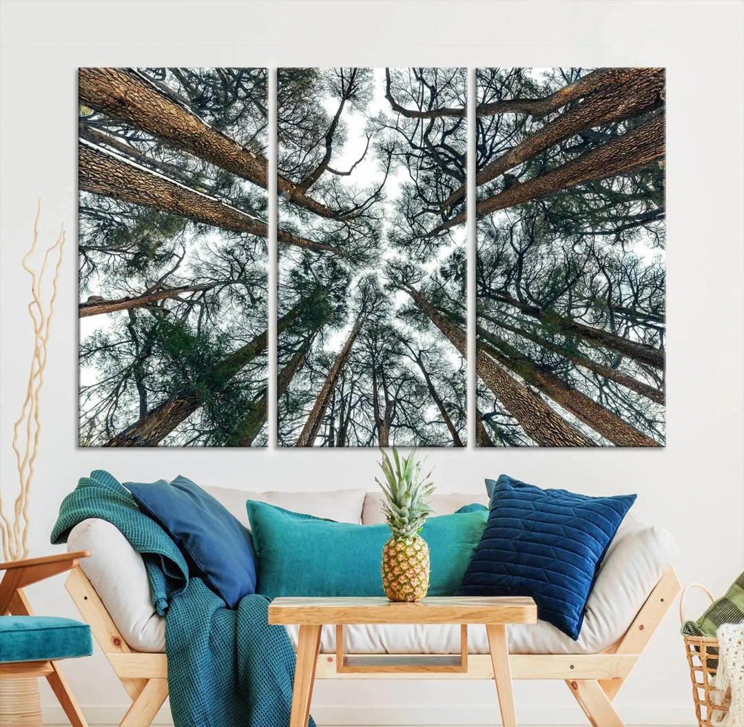 The living room is graced by the Forest Trees Wall Art Canvas Print, a nature-themed triptych made from museum-quality canvases with a UV-protective coating to preserve its vibrant colors, ready to hang.