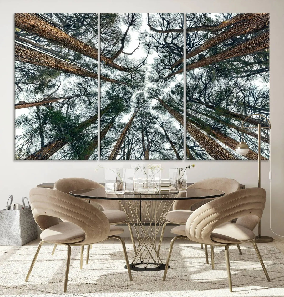 The living room is graced by the Forest Trees Wall Art Canvas Print, a nature-themed triptych made from museum-quality canvases with a UV-protective coating to preserve its vibrant colors, ready to hang.