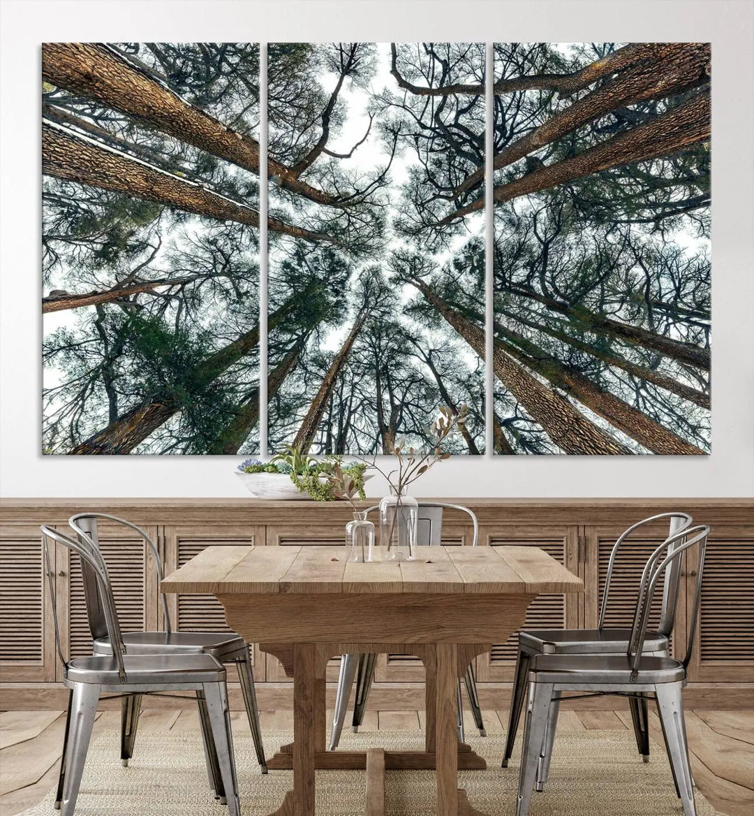 The living room is graced by the Forest Trees Wall Art Canvas Print, a nature-themed triptych made from museum-quality canvases with a UV-protective coating to preserve its vibrant colors, ready to hang.