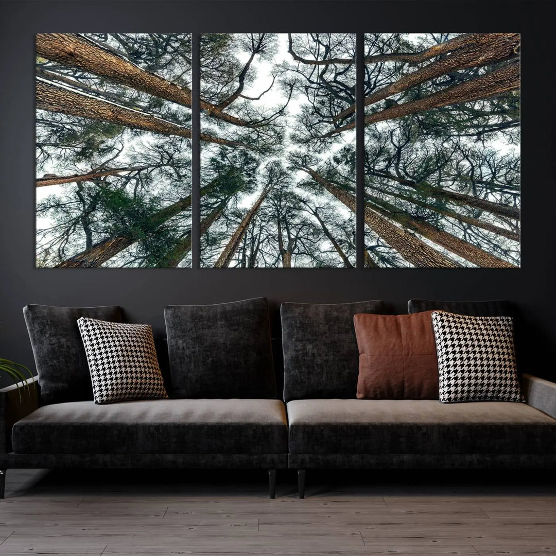 The living room is graced by the Forest Trees Wall Art Canvas Print, a nature-themed triptych made from museum-quality canvases with a UV-protective coating to preserve its vibrant colors, ready to hang.