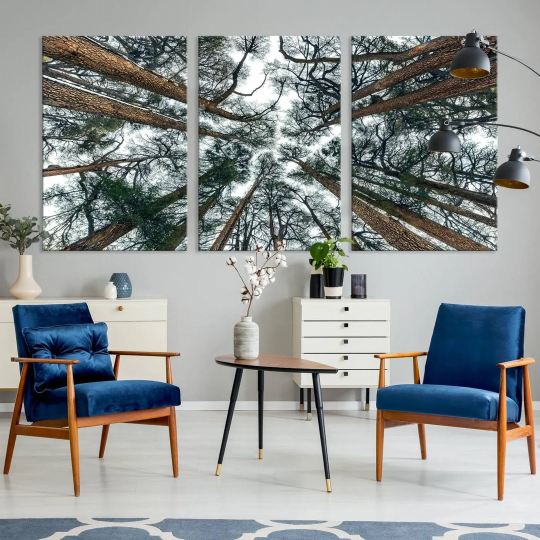 The living room is graced by the Forest Trees Wall Art Canvas Print, a nature-themed triptych made from museum-quality canvases with a UV-protective coating to preserve its vibrant colors, ready to hang.