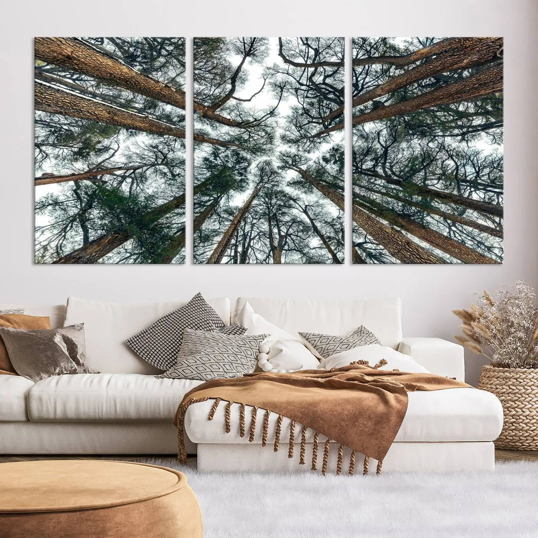 The living room is graced by the Forest Trees Wall Art Canvas Print, a nature-themed triptych made from museum-quality canvases with a UV-protective coating to preserve its vibrant colors, ready to hang.