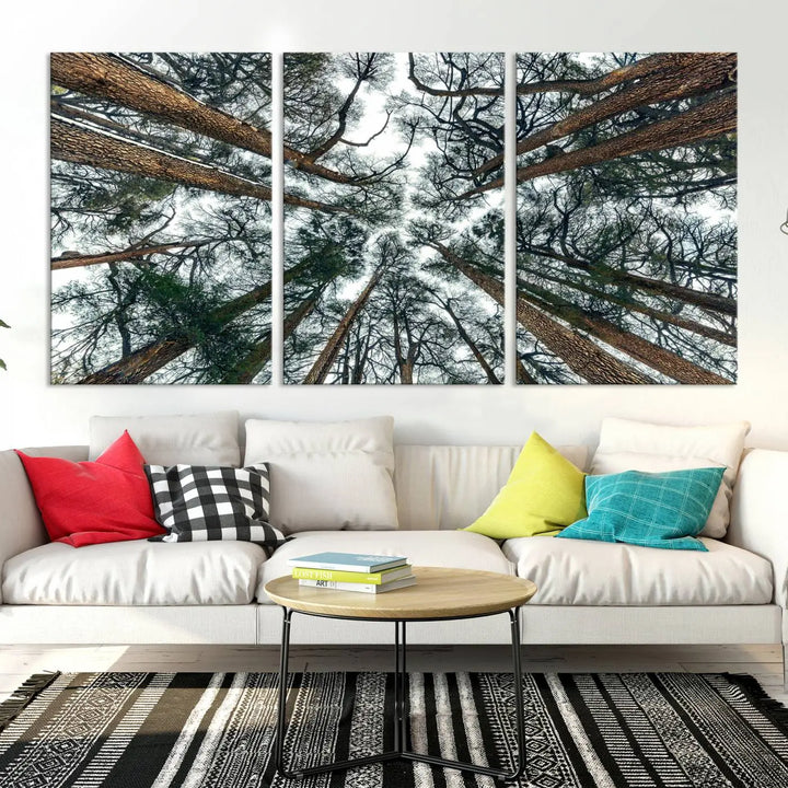 The living room is graced by the Forest Trees Wall Art Canvas Print, a nature-themed triptych made from museum-quality canvases with a UV-protective coating to preserve its vibrant colors, ready to hang.