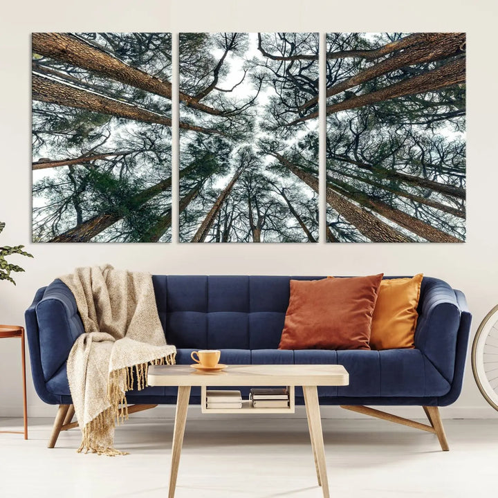 The living room is graced by the Forest Trees Wall Art Canvas Print, a nature-themed triptych made from museum-quality canvases with a UV-protective coating to preserve its vibrant colors, ready to hang.