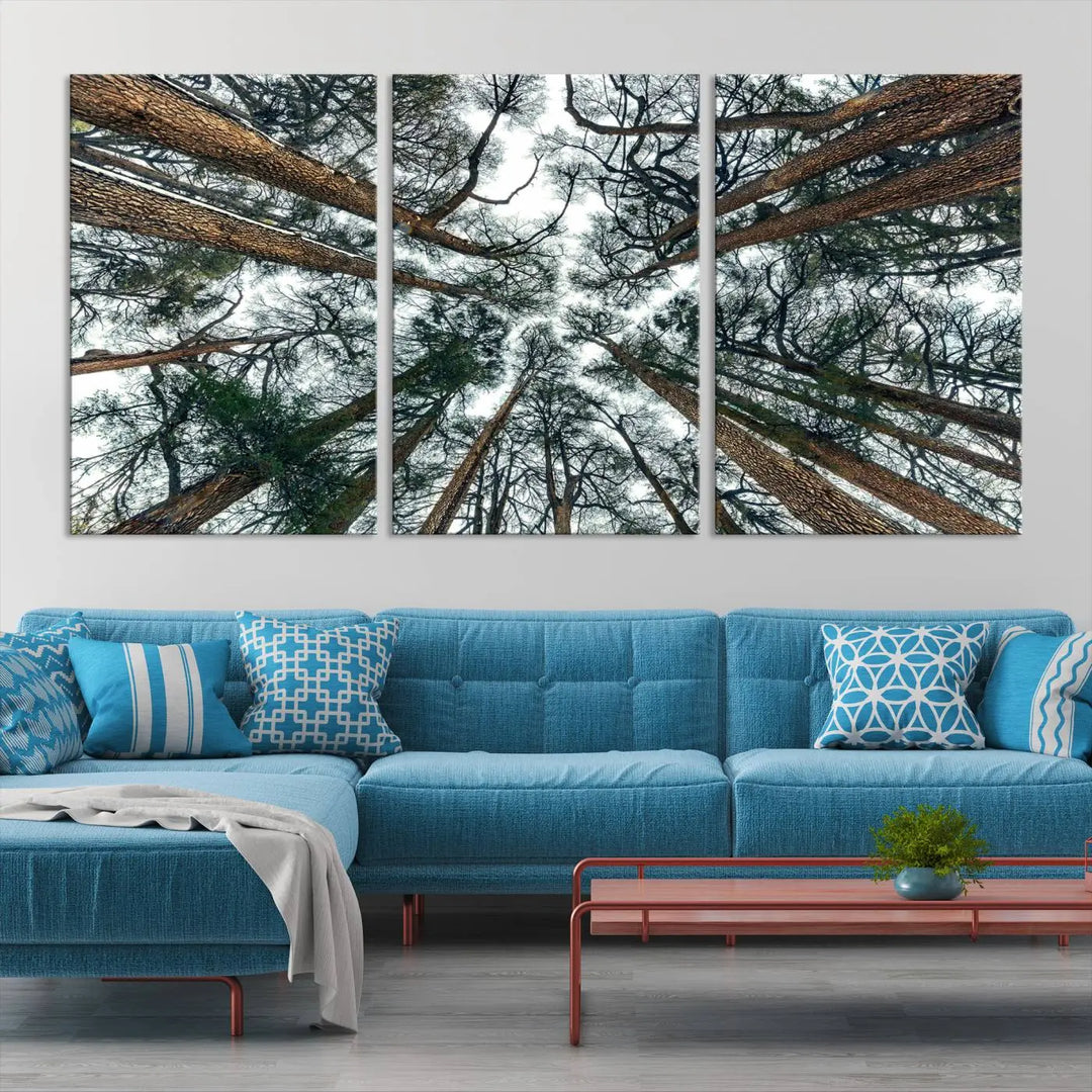 The living room is graced by the Forest Trees Wall Art Canvas Print, a nature-themed triptych made from museum-quality canvases with a UV-protective coating to preserve its vibrant colors, ready to hang.