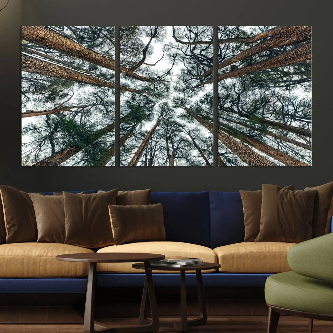 The living room is graced by the Forest Trees Wall Art Canvas Print, a nature-themed triptych made from museum-quality canvases with a UV-protective coating to preserve its vibrant colors, ready to hang.