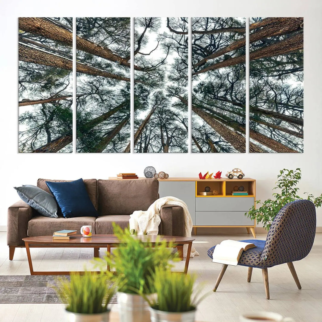 The living room is graced by the Forest Trees Wall Art Canvas Print, a nature-themed triptych made from museum-quality canvases with a UV-protective coating to preserve its vibrant colors, ready to hang.