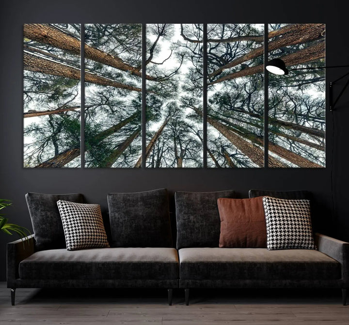 The living room is graced by the Forest Trees Wall Art Canvas Print, a nature-themed triptych made from museum-quality canvases with a UV-protective coating to preserve its vibrant colors, ready to hang.