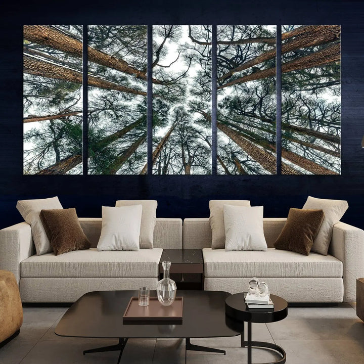 The living room is graced by the Forest Trees Wall Art Canvas Print, a nature-themed triptych made from museum-quality canvases with a UV-protective coating to preserve its vibrant colors, ready to hang.