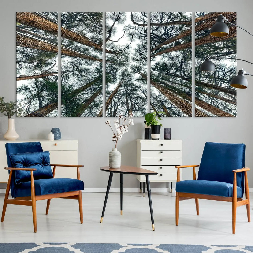 The living room is graced by the Forest Trees Wall Art Canvas Print, a nature-themed triptych made from museum-quality canvases with a UV-protective coating to preserve its vibrant colors, ready to hang.