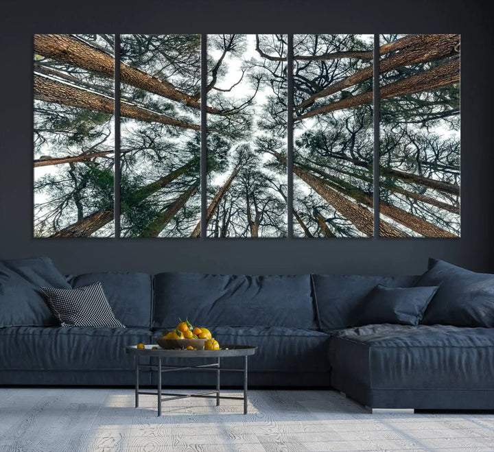 The living room is graced by the Forest Trees Wall Art Canvas Print, a nature-themed triptych made from museum-quality canvases with a UV-protective coating to preserve its vibrant colors, ready to hang.