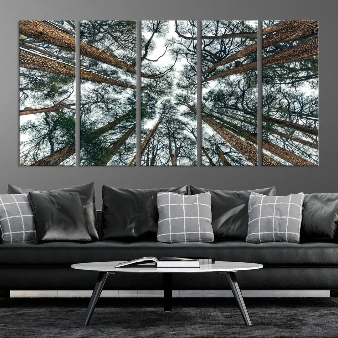 The living room is graced by the Forest Trees Wall Art Canvas Print, a nature-themed triptych made from museum-quality canvases with a UV-protective coating to preserve its vibrant colors, ready to hang.