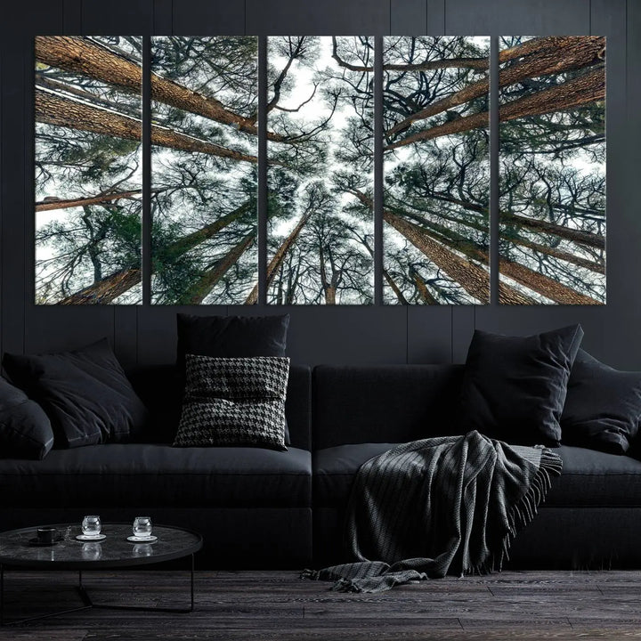 The living room is graced by the Forest Trees Wall Art Canvas Print, a nature-themed triptych made from museum-quality canvases with a UV-protective coating to preserve its vibrant colors, ready to hang.